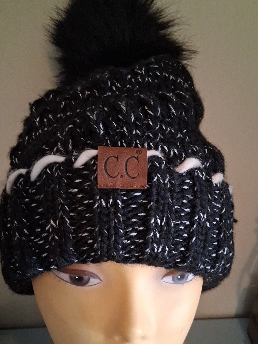 C.C Black & White Chunky Knit Pom Beanie